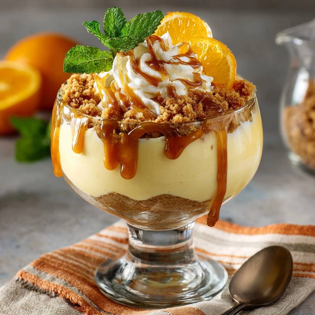 Orangen-Karamell-Parfait mit Sahne, Karamellsauce, Krümeln und Minze in einem Glas serviert.