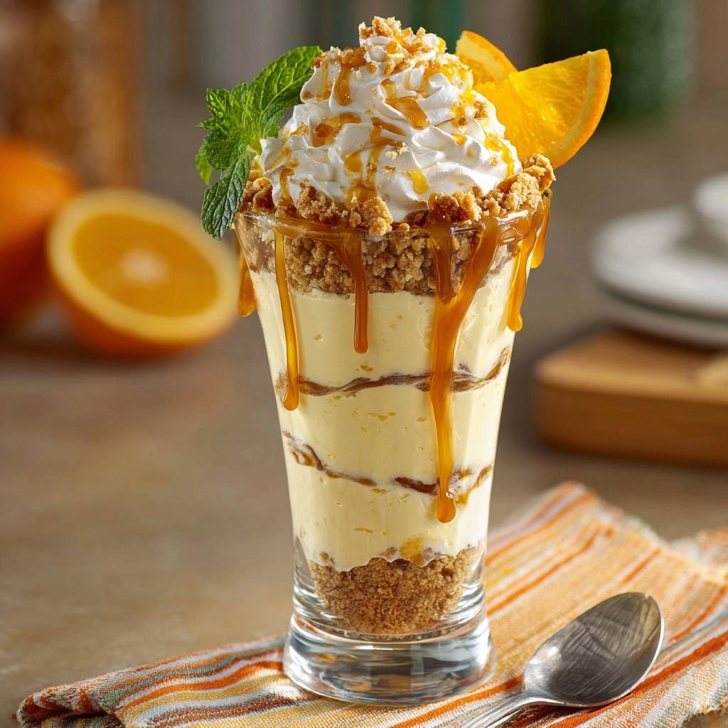 Orangen-Karamell-Parfait garniert mit Sahne, Karamellsauce, Krümeln und Minze in einem Glas.