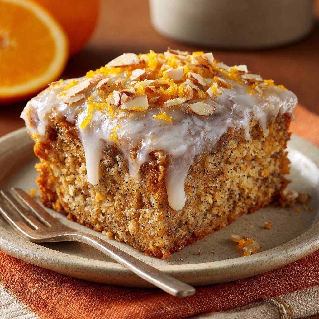 Orangen-Mohnkuchen auf einem Teller serviert, mit weißer Glasur, Orangenschale und Mandelstiften garniert.