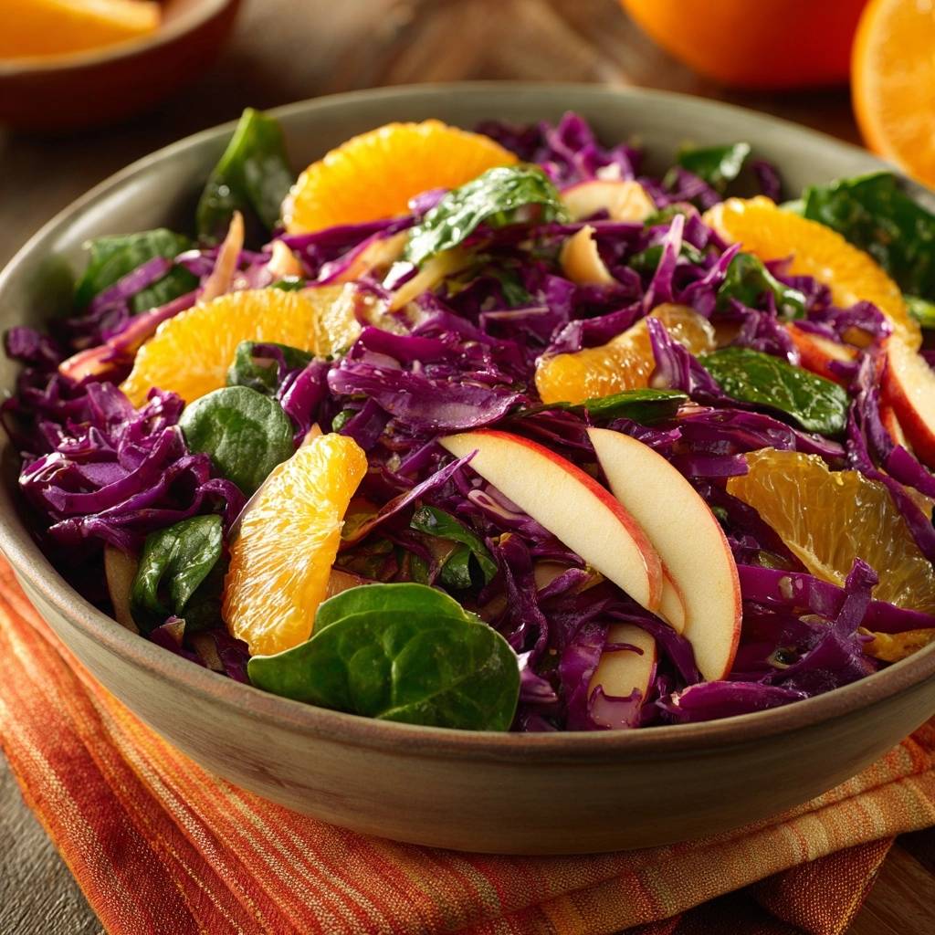 Orangiger Rotkohl-Spinat-Salat in einer Schüssel mit Orangenscheiben und Apfelspalten, Nahaufnahme