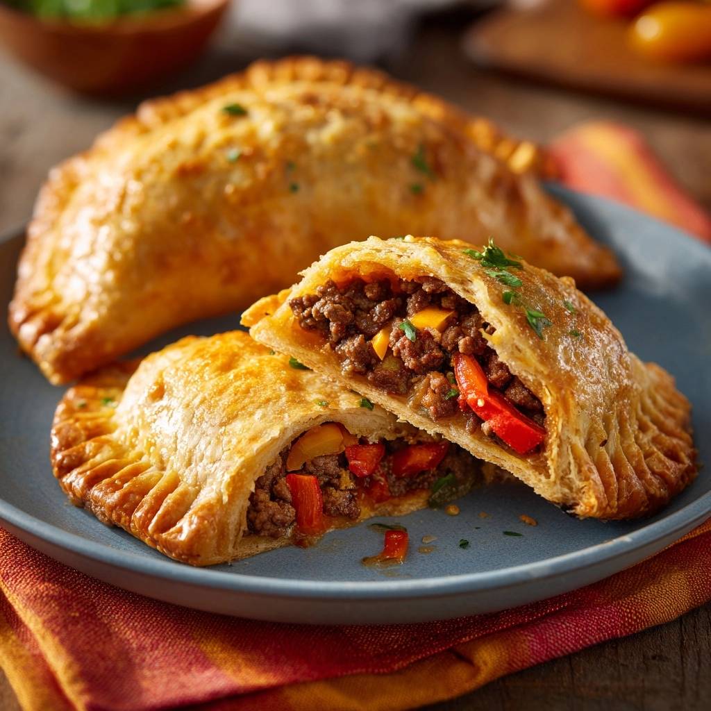 Knusprige Paprika-Hack-Empanadas angeschnitten, die reichhaltige Hackfleisch- und Gemüsepulpe offenbaren.