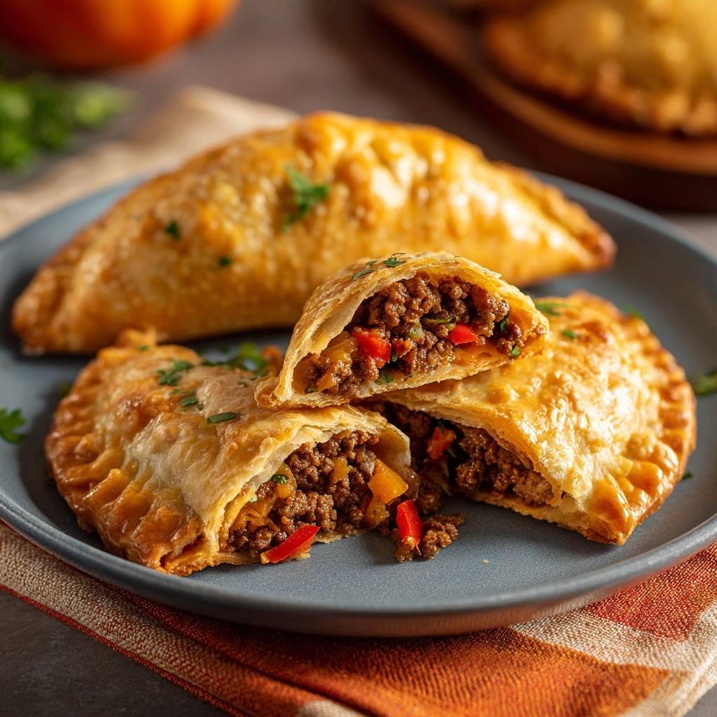 Knusprige Paprika-Hack-Empanadas, eine davon angeschnitten, zeigt die saftige Hackfleisch-Paprika-Füllung und das goldbraune Gebäck.