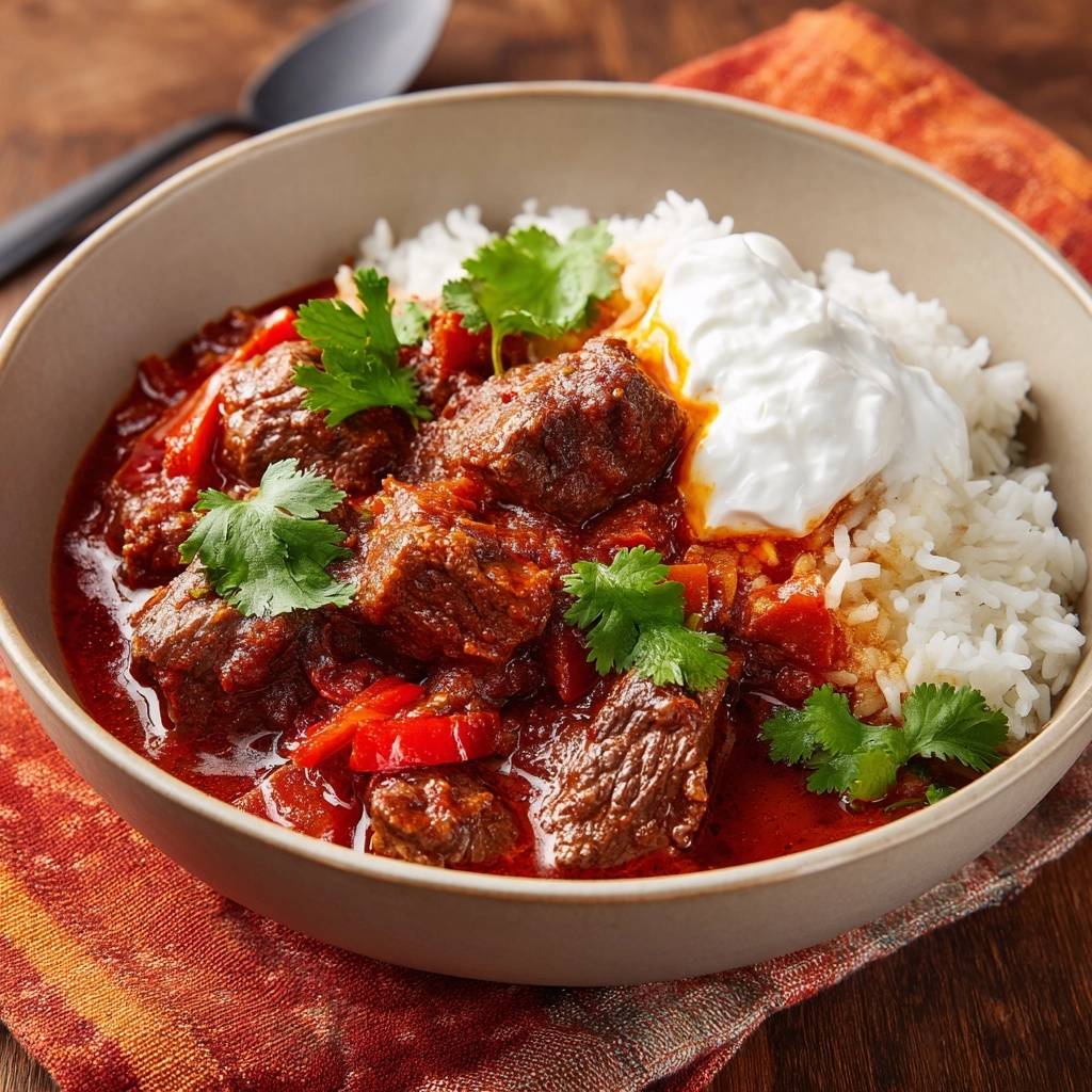 Paprika-Rindfleisch-Gulasch mit Reis, garniert mit frischem Koriander und serviert mit einem Klecks saurer Sahne.