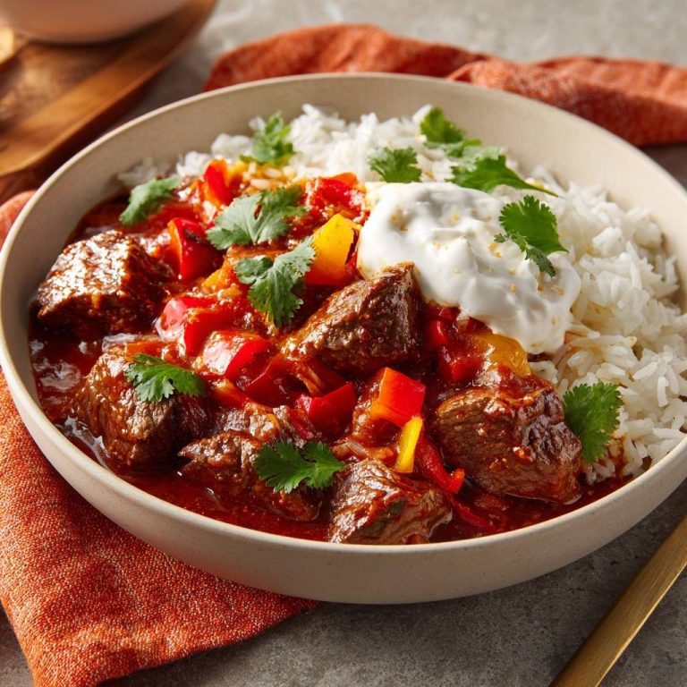 Paprika-Rindfleisch-Gulasch mit Reis serviert in einer Schüssel mit einem Klecks Sour Cream und frischer Petersilie.