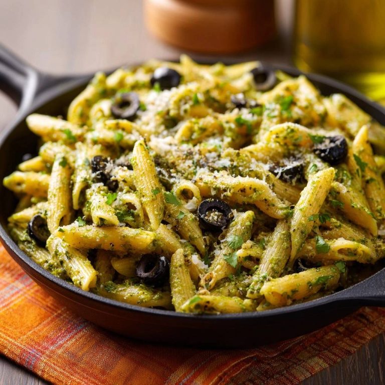 Penne mit Pesto, Oliven & Parmesan al dente, serviert in einer Pfanne mit einem Detail der Garnitur