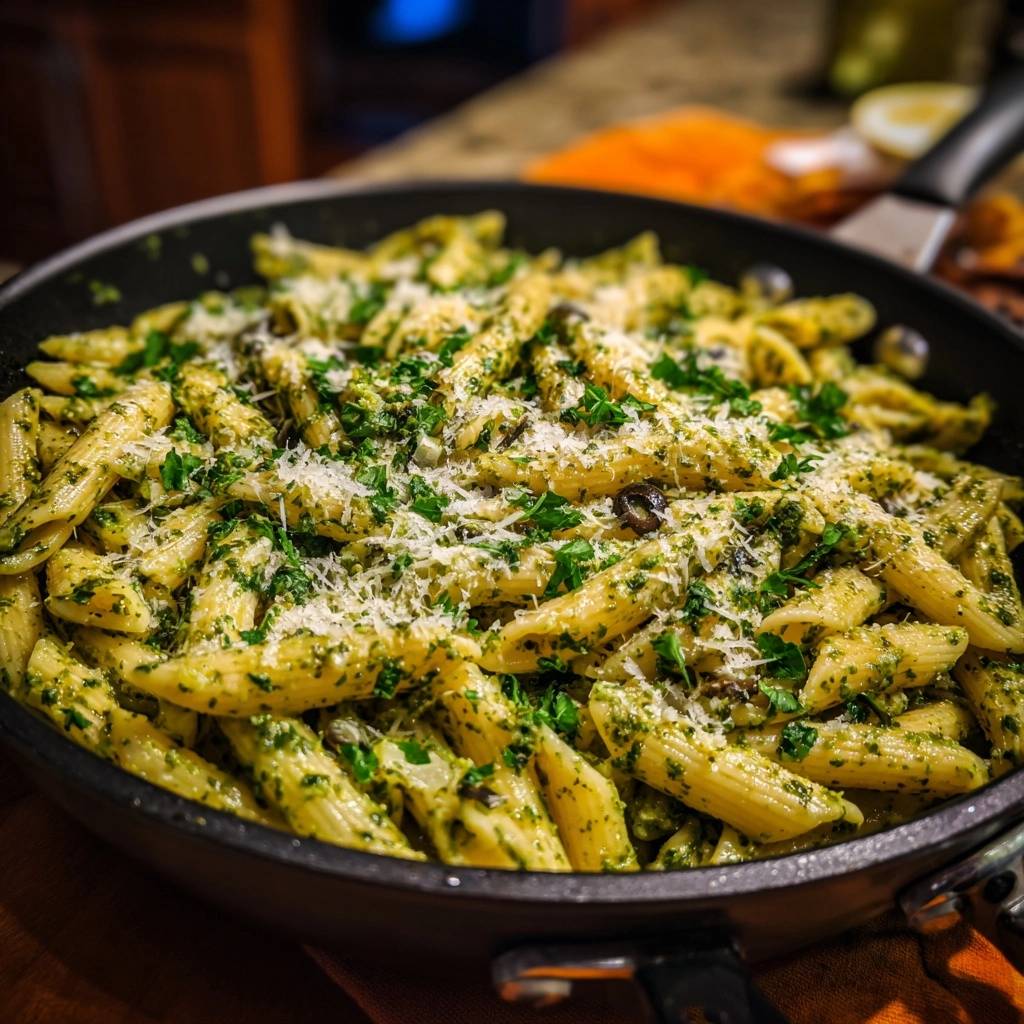 Penne mit Pesto, Oliven & Parmesan, detailnah in der Pfanne mit frischer Petersilie garniert und geriebenem Käse bestreut.