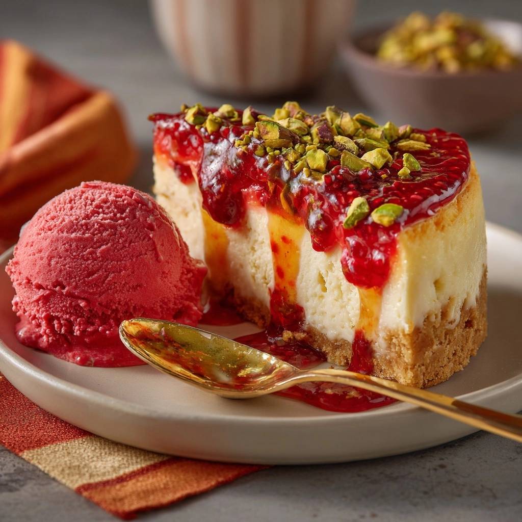 Pistazien-Himbeer-Käsekuchen angeschnitten mit Himbeersauce und einer Kugel Eis auf einem Teller.