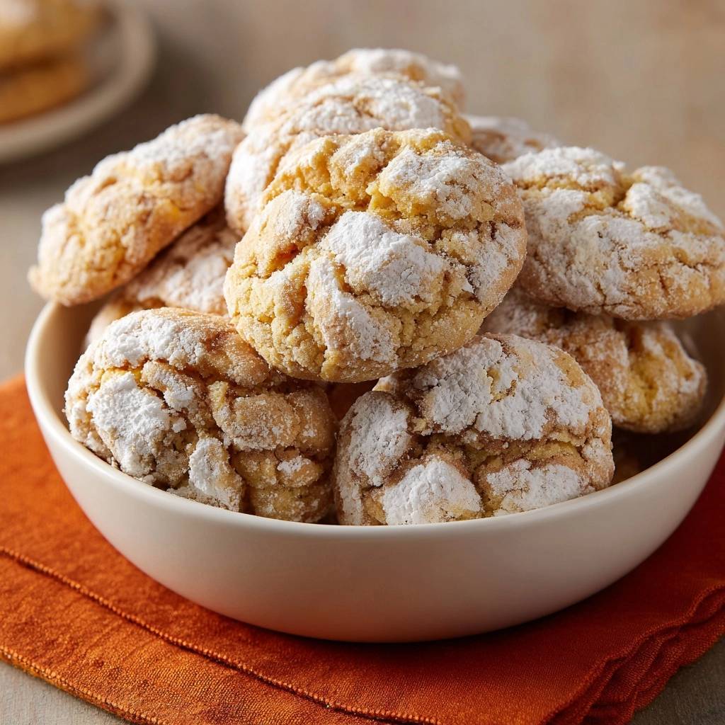 Knusprige Puderzucker-Butterkekse werden in einer weißen Schüssel auf einem orangefarbenen Tuch präsentiert, Nahaufnahme.