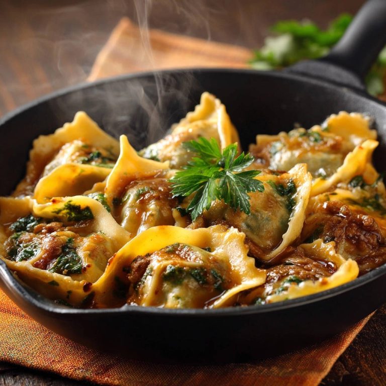 Ravioli in aromatischer Petersilienbutter-Soße dampfend in einer schwarzen Pfanne serviert mit frischer Petersilie garniert.