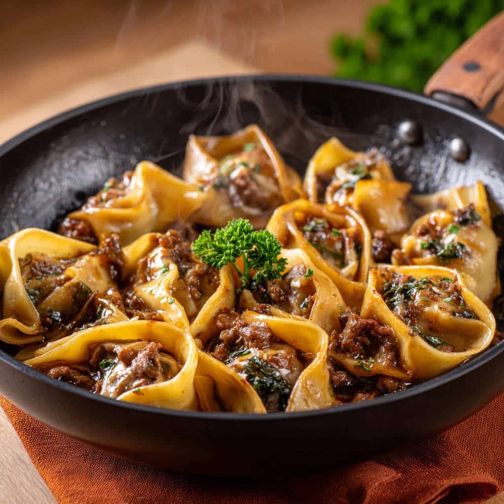 Ravioli in aromatischer Petersilienbutter-Soße dampfen heiß in einer schwarzen Pfanne, garniert mit frischer Petersilie.