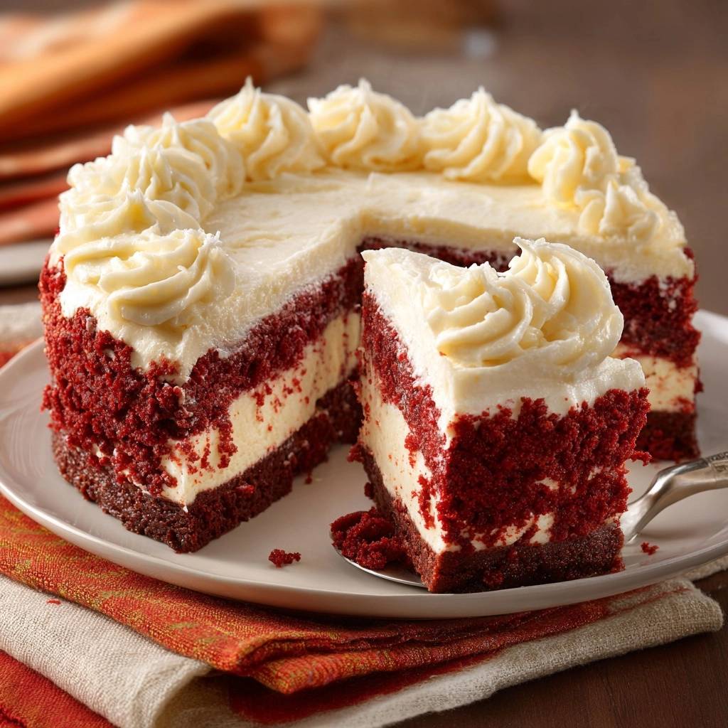 Red Velvet Cheesecake angeschnitten auf einem Teller, mit einem Stück herausgenommen und mit einem Löffel serviert.