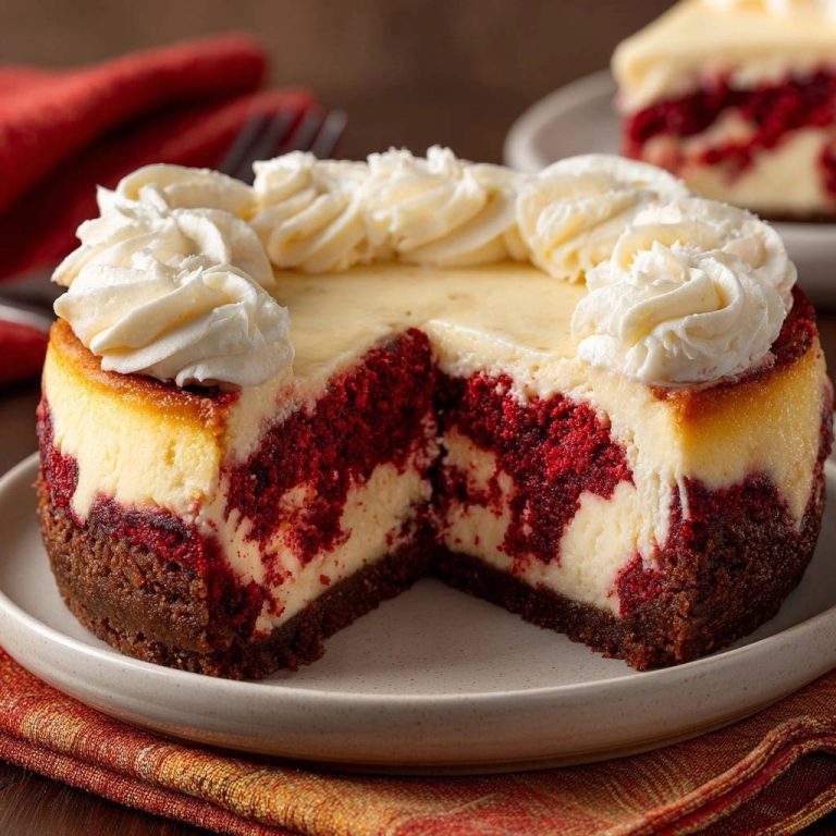 Red Velvet Cheesecake angeschnitten mit Sahne-Topping und detailreicher Ansicht des Inneren