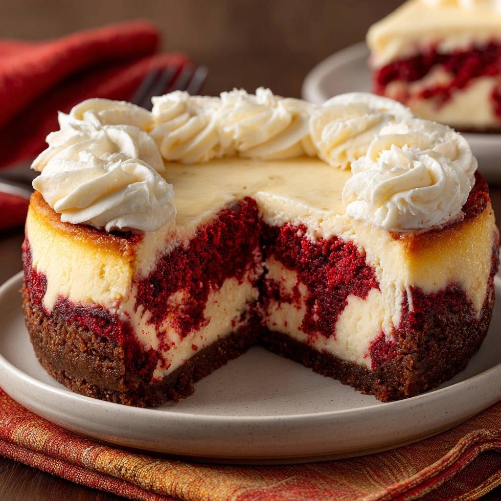 Red Velvet Cheesecake angeschnitten mit Sahne-Topping und detailreicher Ansicht des Inneren