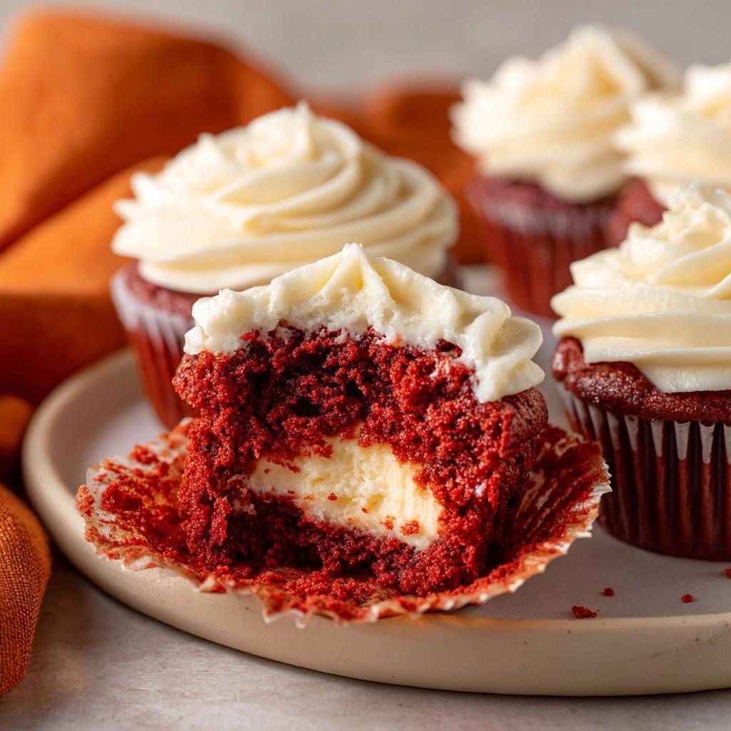 Red Velvet Cheesecake Cupcakes angeschnitten, mit cremigem Käsekuchen-Kern und weißem Frosting auf einem Teller.