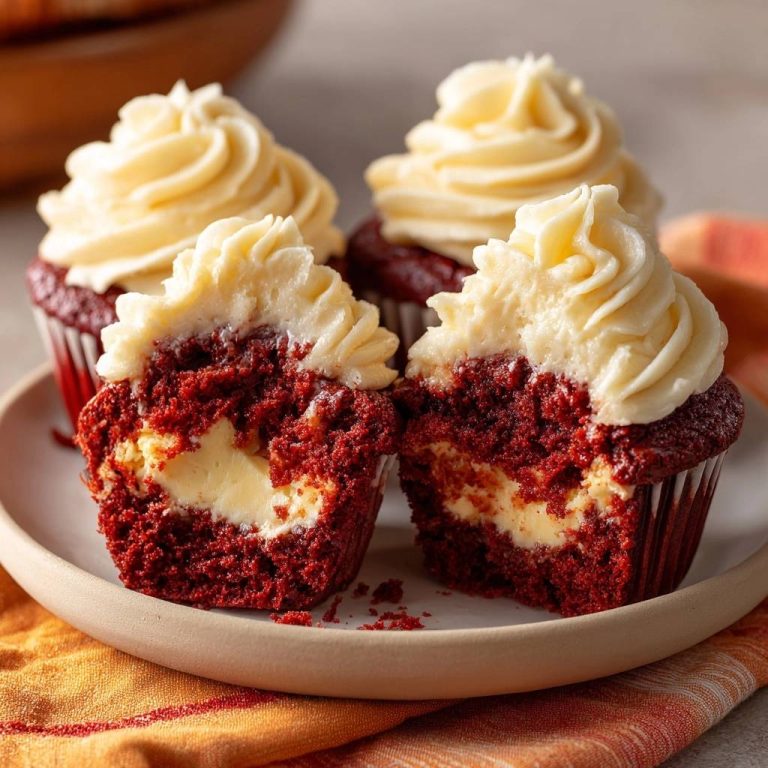 Red Velvet Cheesecake Cupcakes angeschnitten, um die cremige Füllung und den roten Kuchen zu zeigen.