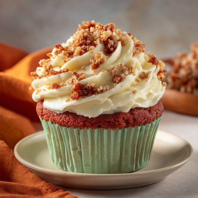 Red Velvet Cupcakes mit Nusskrümeln, nahaufnahme der cremigen Glasur und knusprigen Krümeln garniert auf einem Teller.