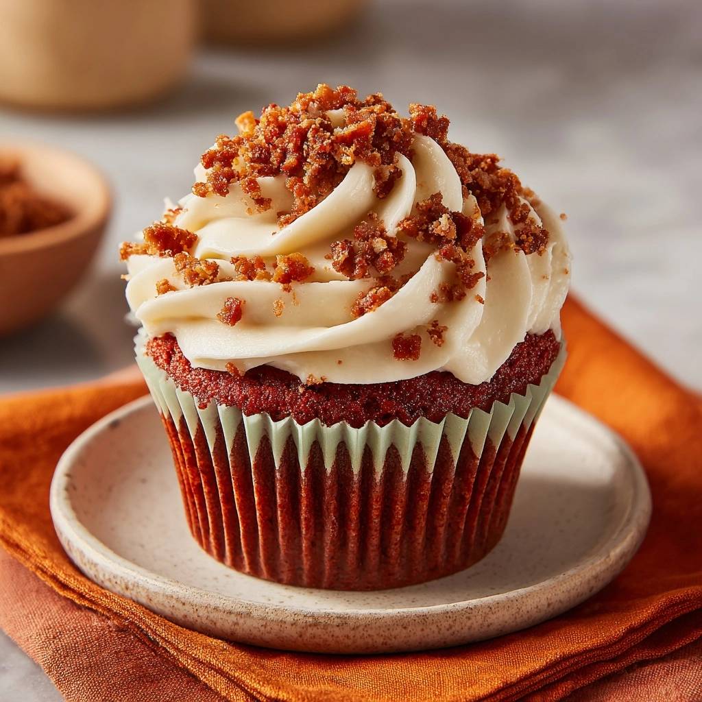 Red Velvet Cupcakes mit Nusskrümeln, ein einzelner saftiger und fluffiger Cupcake auf einem Teller mit weißer Glasur und Nusskrümeln garniert.