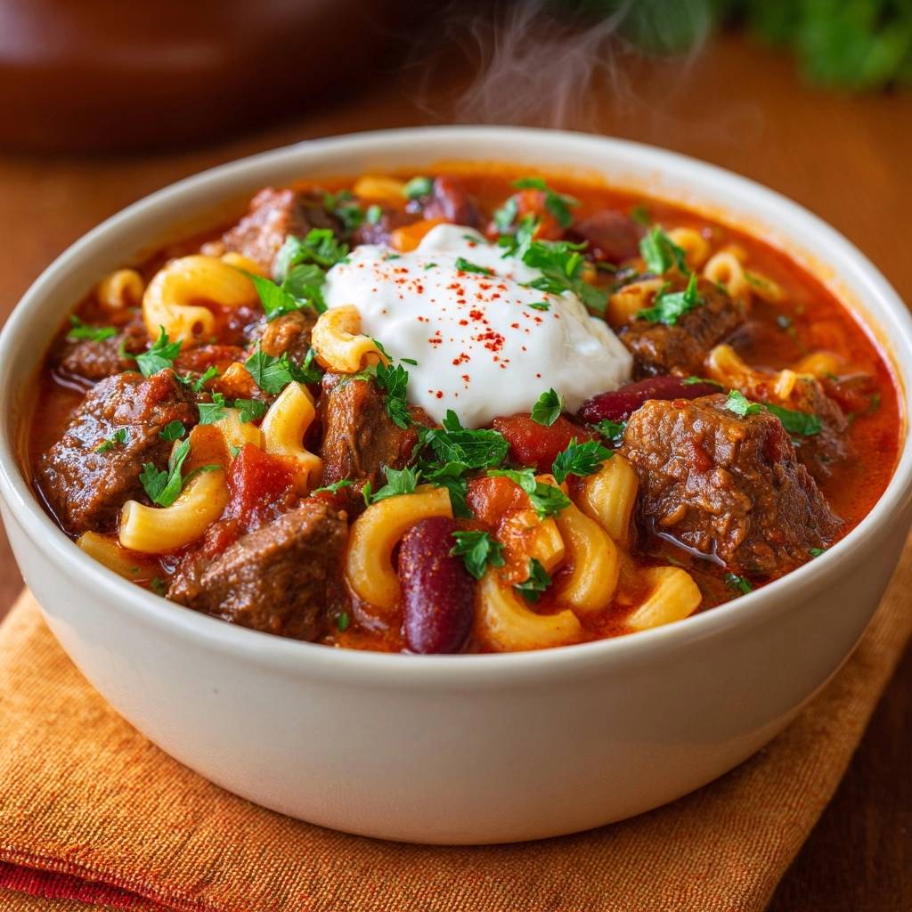 Saftiges Rindfleisch-Chili mit Macaroni und Bohnen, serviert in einer Schüssel mit saurer Sahne und Petersilie.