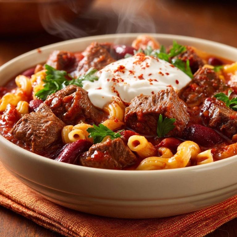 Saftiges Rindfleisch-Chili mit Macaroni und Bohnen, nahaufnahme mit einem Klecks Sauerrahm und Paprikapulver als Topping