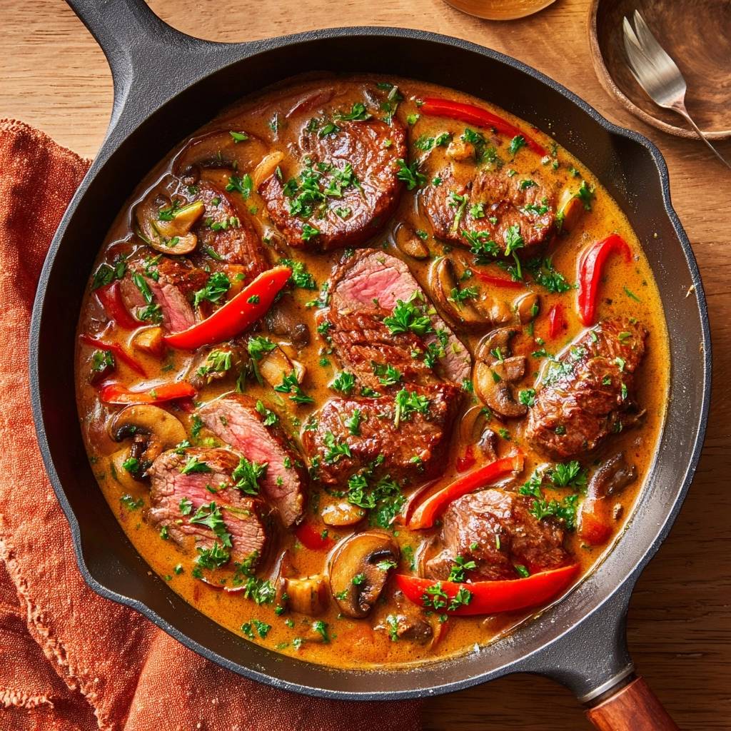 Saftiges Rindfleisch mit Pilzen und Paprika in einer Sauce, von oben in einer gusseisernen Pfanne serviert.