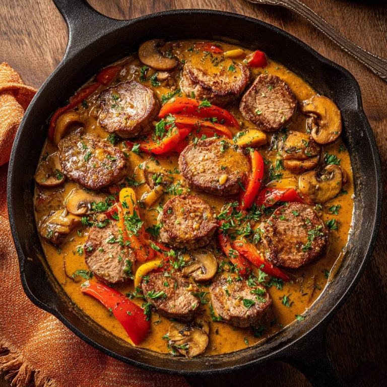 Saftiges Rindfleisch mit Pilzen und Paprika in einer cremigen Sauce, aus der Vogelperspektive in einer Gusseisenpfanne serviert.