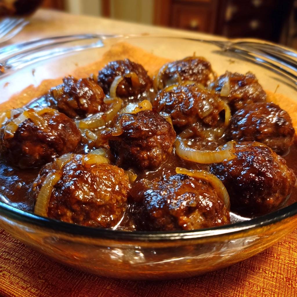 Saftige Rindfleischbällchen in Zwiebelsoße in einer Glasschüssel, Nahaufnahme des Gerichts