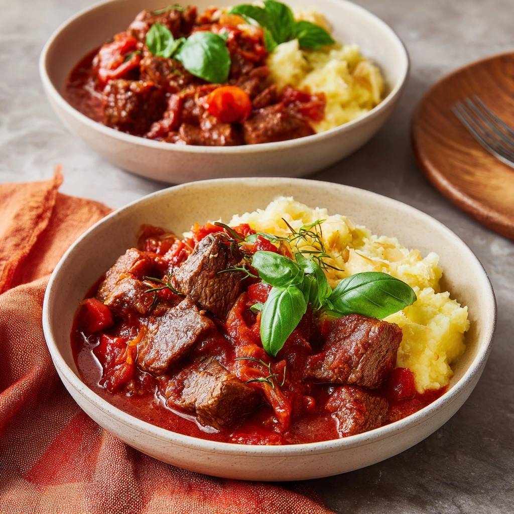 Zartes Rindfleischragout mit cremigem Kartoffelpüree serviert in zwei Schüsseln, garniert mit frischem Basilikum.