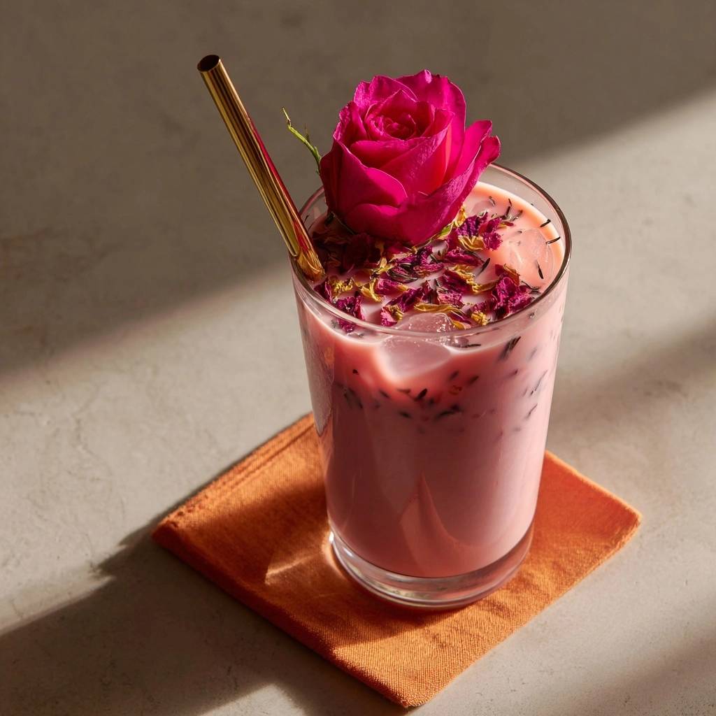 Rosen-Milchshake, garniert mit einer frischen rosa Rose und getrockneten Rosenblättern, serviert mit einem goldenen Strohhalm.