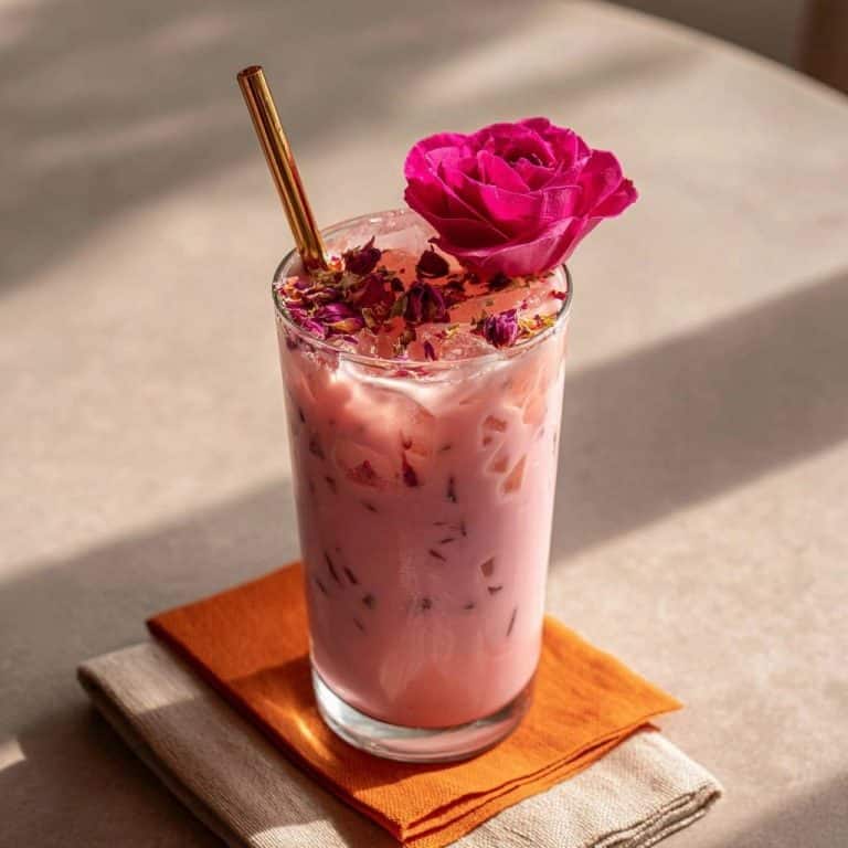 Rosen-Milchshake mit einer pinken Rose und getrockneten Rosenblättern garniert serviert auf Stoffservietten.