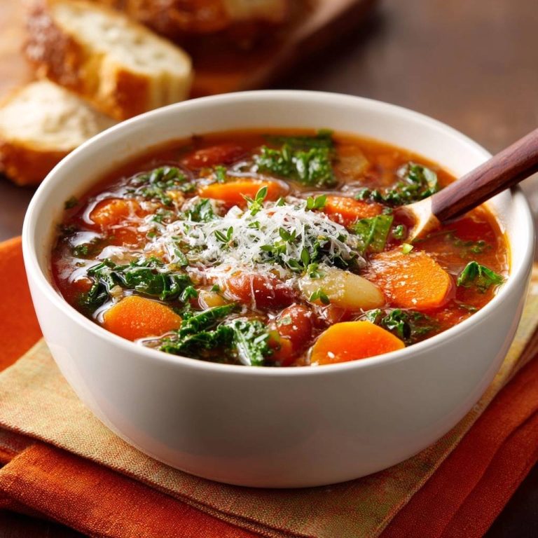 Rustikaler Grünkohl-Bohnen-Eintopf mit Parmesan und Kräutern garniert in einer weißen Schüssel.