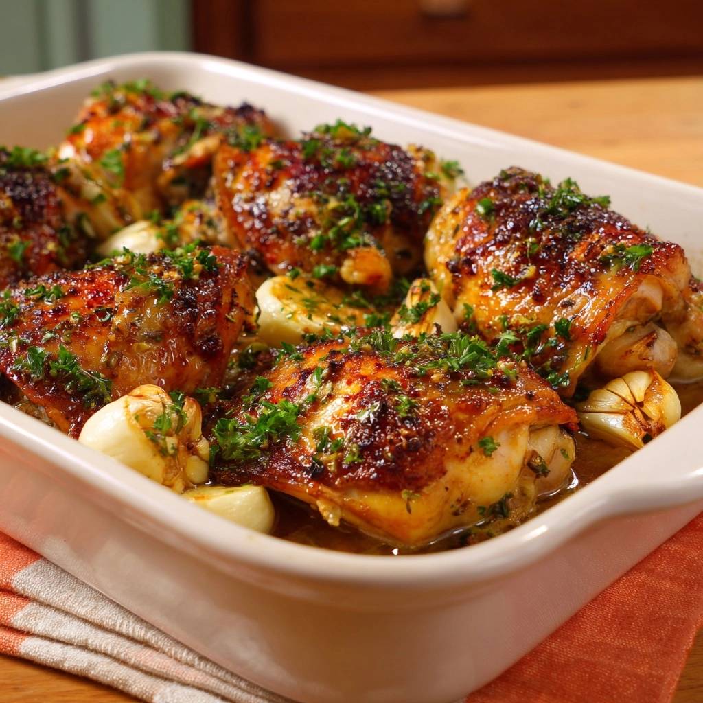 Saftige Knoblauch-Hähnchenschenkel nahaufnahme von gerösteten Hähnchenschenkeln mit Knoblauch und Petersilie in einer Auflaufform.