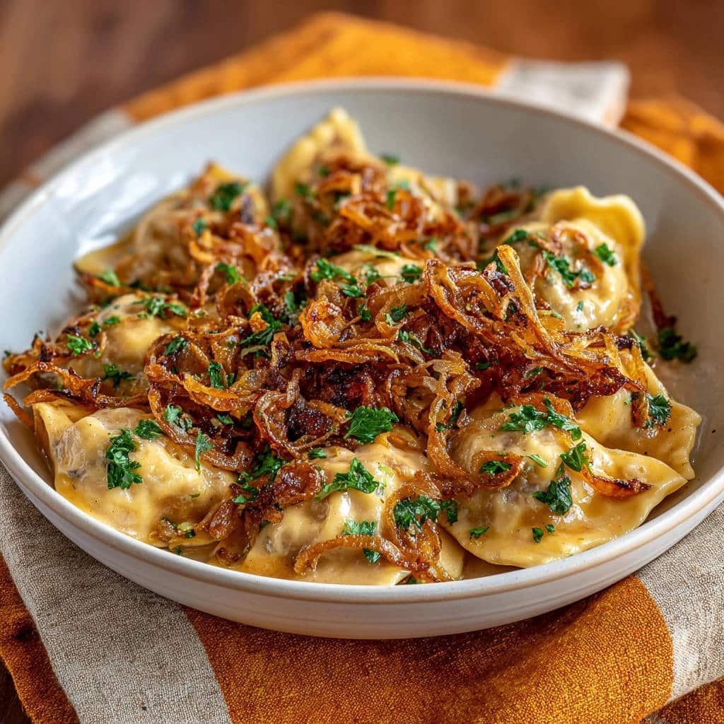 Saftige Maultaschen mit goldbraunen Röstzwiebeln, nahaufnahme der servierten Portion mit frischer Petersilie garniert.