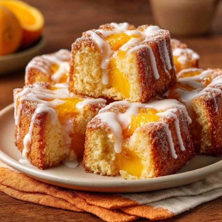 Saftige Mini-Pfirsichkuchen angeschnitten mit Glasur, zeigen das saftige Fruchtfleisch im Inneren und eine süße Zuckerguss-Dekoration.