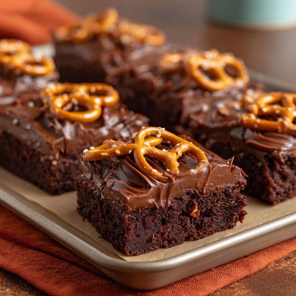 Saftige Schoko-Brownies mit Brezeln und Karamell, nahaufnahme von einem einzelnen Brownie mit Schokoladenglasur und Brezelgarnitur.