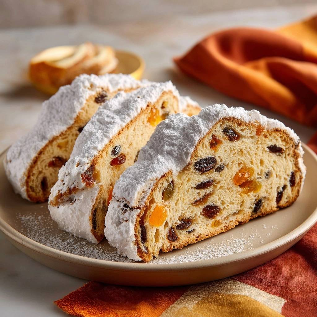 Saftiger Christstollen angeschnitten auf einem Teller mit Puderzucker und Trockenfrüchten, Detailaufnahme