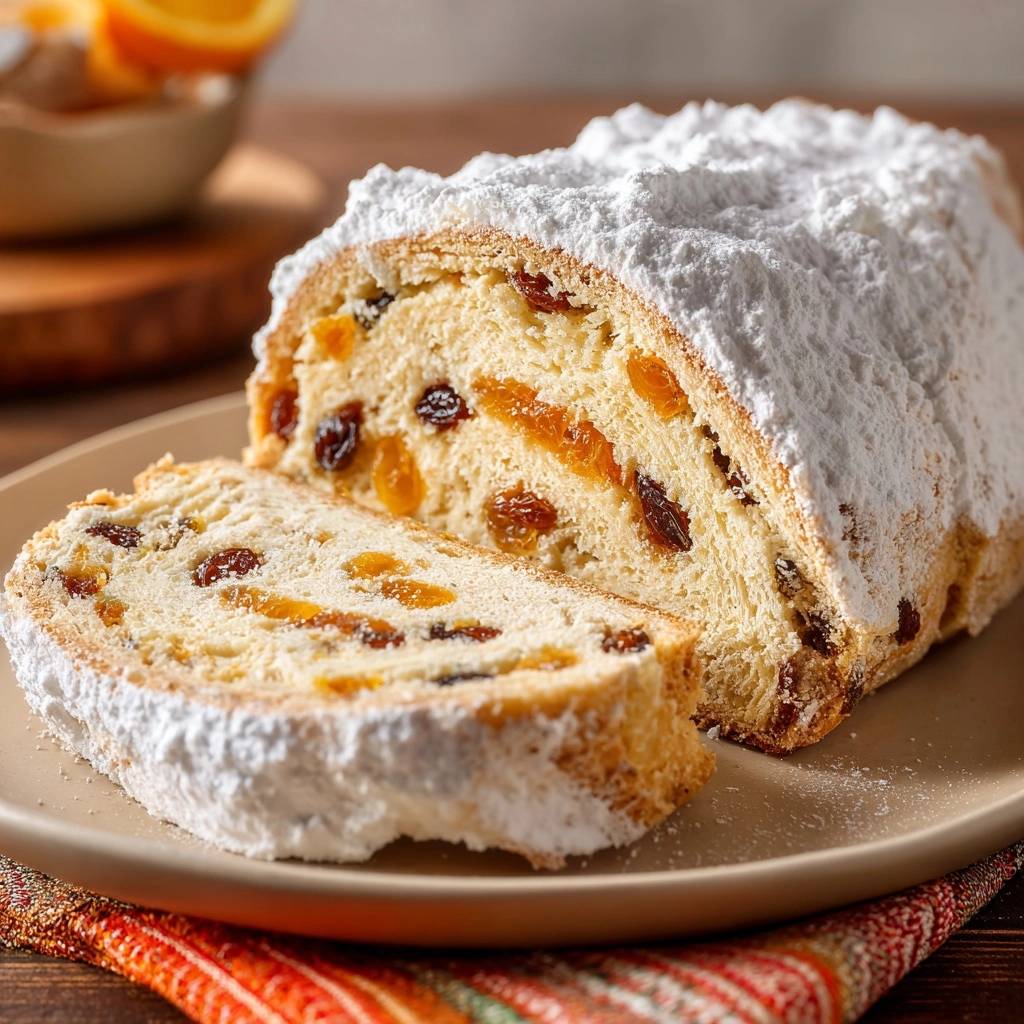 Saftiger Christstollen angeschnitten und nah aufgenommen, mit sichtbaren Rosinen und kandierten Früchten sowie Puderzuckerbestäubung.