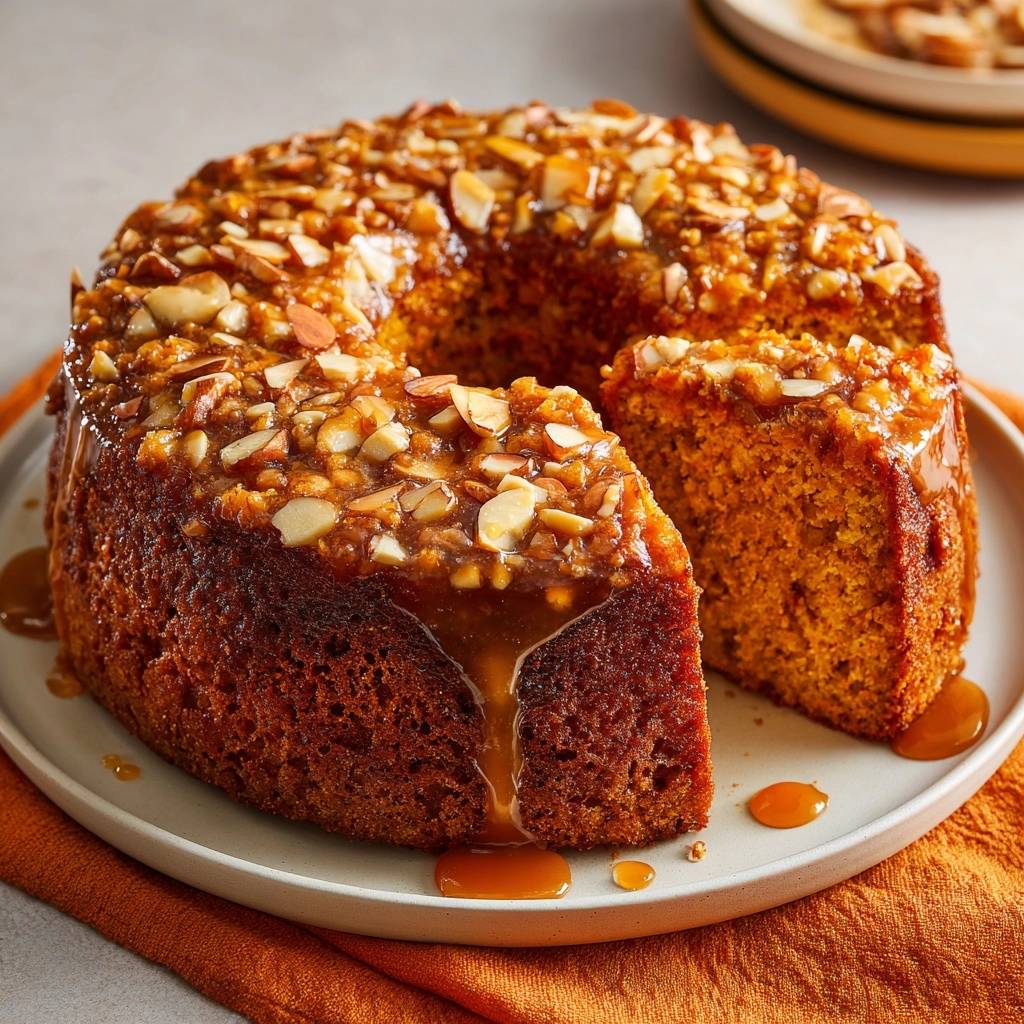 Saftiger Karottenkuchen mit Mandeln und Karamell, angeschnitten mit üppigem Karamellfluss und Mandelsplittern.