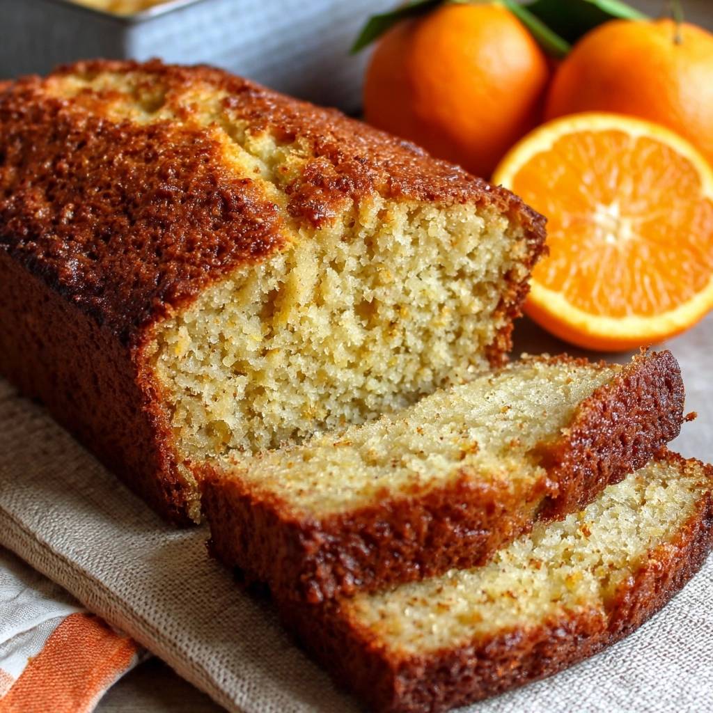 Saftiger Orangenkuchen, angeschnitten, zeigt die feine Krume mit Orangenzesten und die goldbraune Kruste.