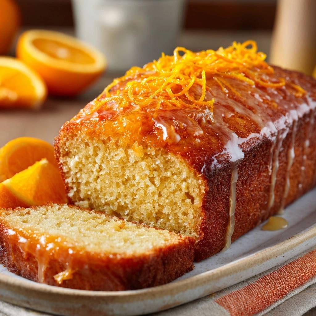 Saftiger Orangenkuchen angeschnitten mit glänzender Glasur und Orangenzesten garniert, auf einem Teller serviert.