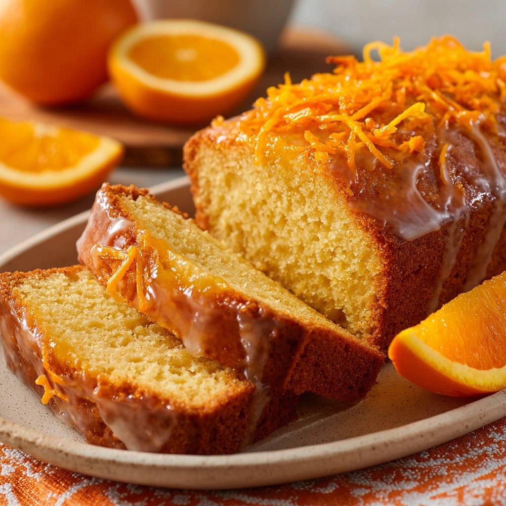 Saftiger Orangenkuchen angeschnitten mit süßer Glasur und Orangenschale garniert, bereit zum Servieren.