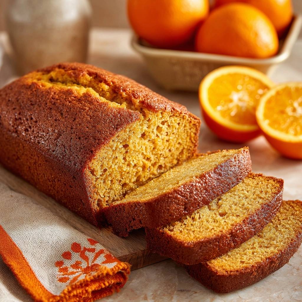 Saftiger Orangenkuchen angeschnitten auf einem Holzbrett mit Orangen im Hintergrund und einem Küchentuch