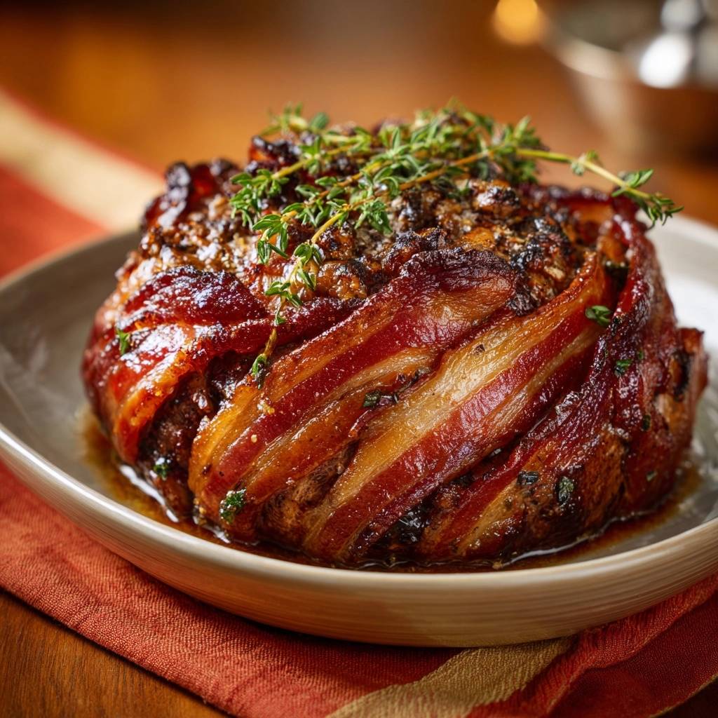 Saftiger Speck-umhüllter Hackbraten mit Orangen-Glasur, nahaufnahme der runden Form mit Speckstreifen und frischen Kräutern garniert.