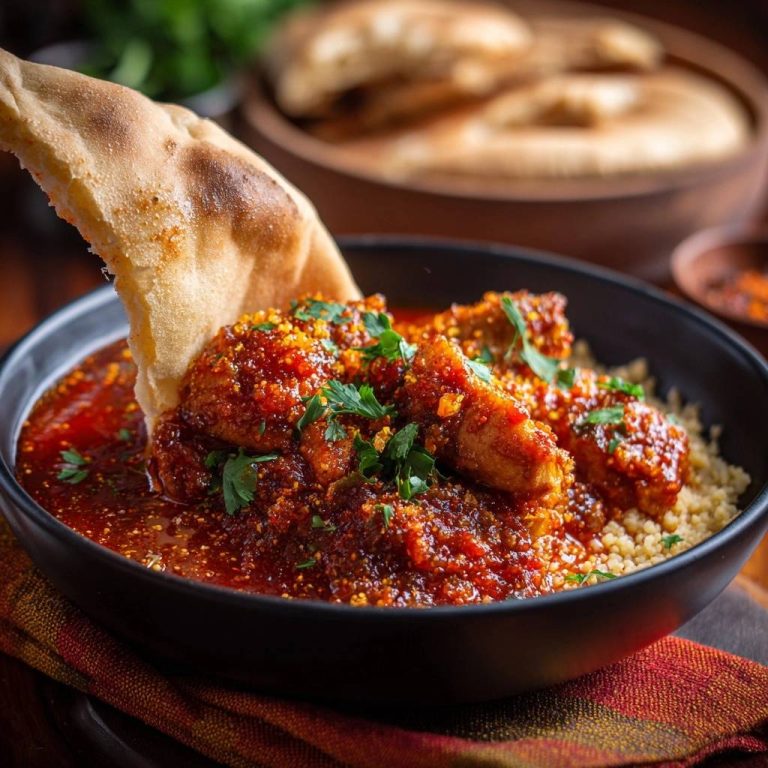 Saftiges Hähnchen in Tomaten-Gewürz-Soße mit Couscous, hier mit einem Stück Fladenbrot zum Eintunken in der Soße.