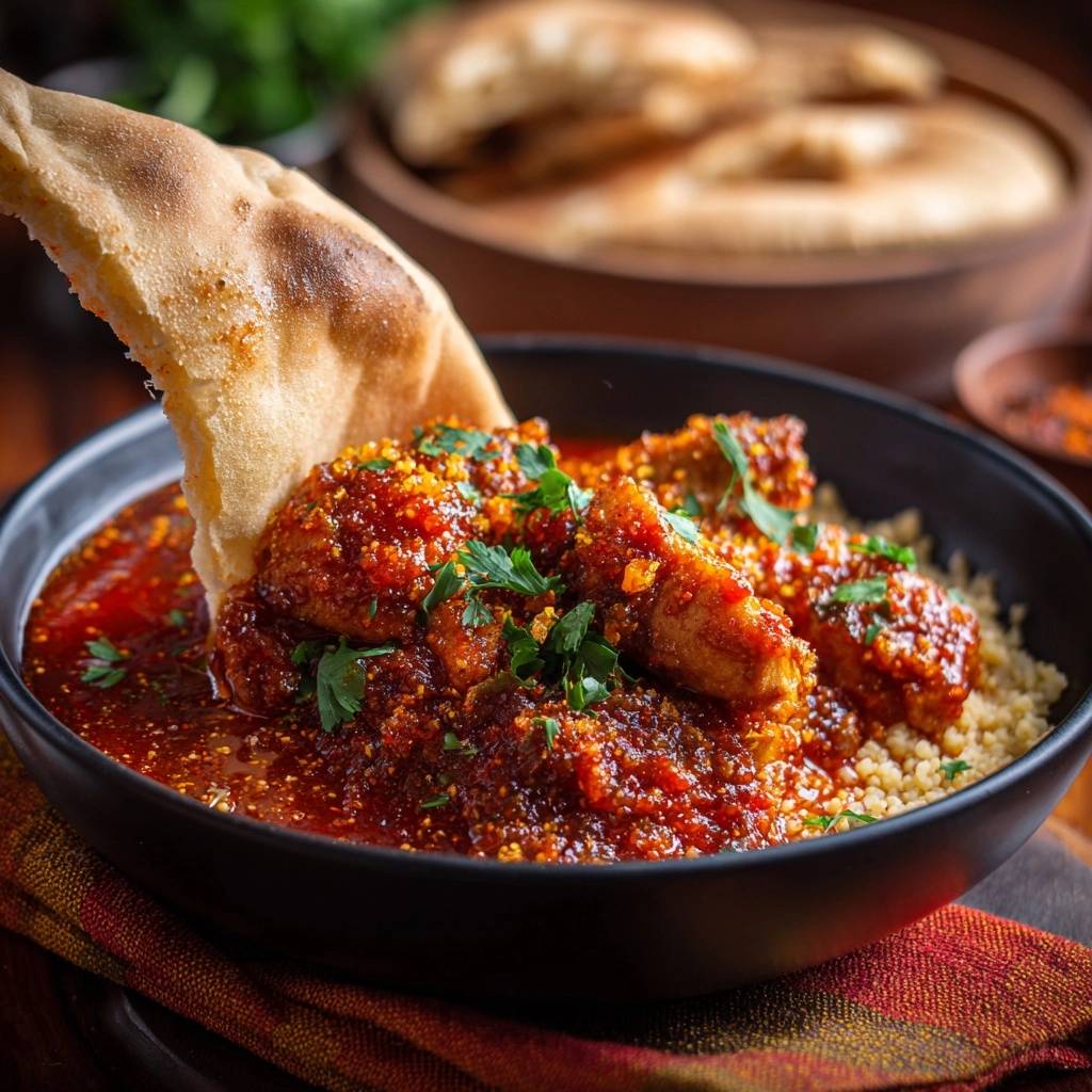Saftiges Hähnchen in Tomaten-Gewürz-Soße mit Couscous, hier mit einem Stück Fladenbrot zum Eintunken in der Soße.