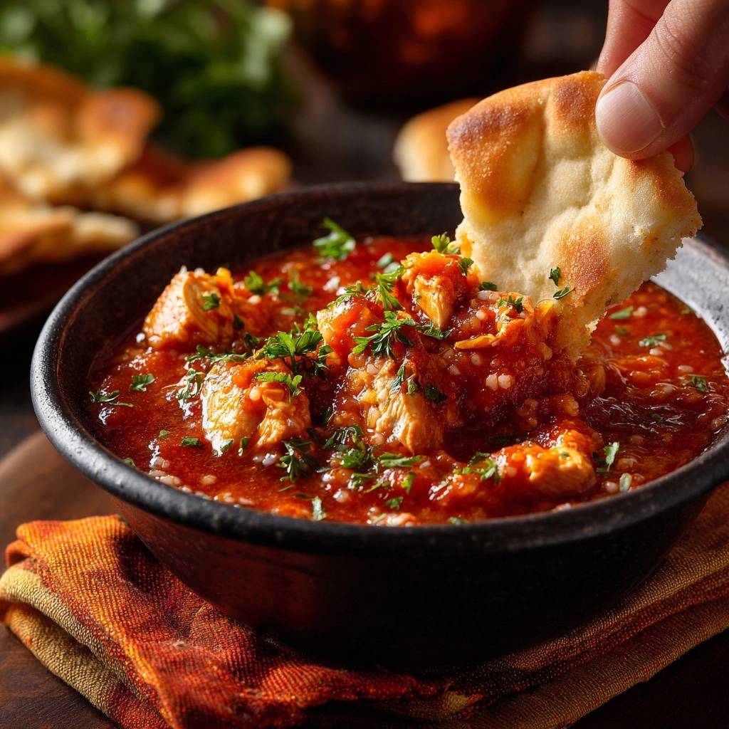Saftiges Hähnchen in Tomaten-Gewürz-Soße mit Couscous, ein Stück Brot wird in die Sauce getaucht, um es aufzunehmen.