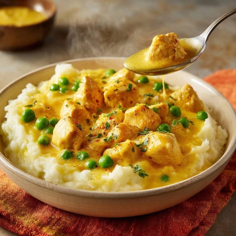 Saftiges Hähnchen Senf mit Erbsen auf Kartoffelpüree, ein Löffel nimmt eine Portion des dampfenden Gerichts auf.