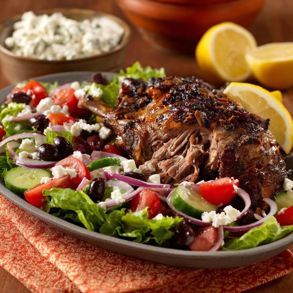 Saftiges Lamm auf Griechischem Salat, angeschnitten und mit frischen Zutaten wie Tomaten, Gurken und Feta serviert.