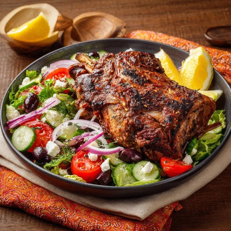 Saftiges Lamm auf Griechischem Salat, nah aufgenommen mit frischen Zutaten und Zitronenspalten im Teller