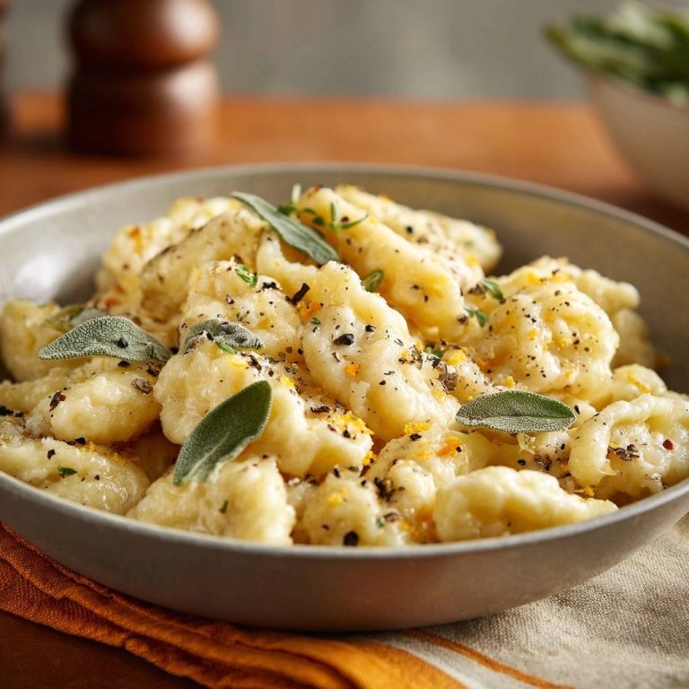 Salbei-Gnocchi in brauner Butter, garniert mit frischem Salbei und Orangenschale, Nahaufnahme