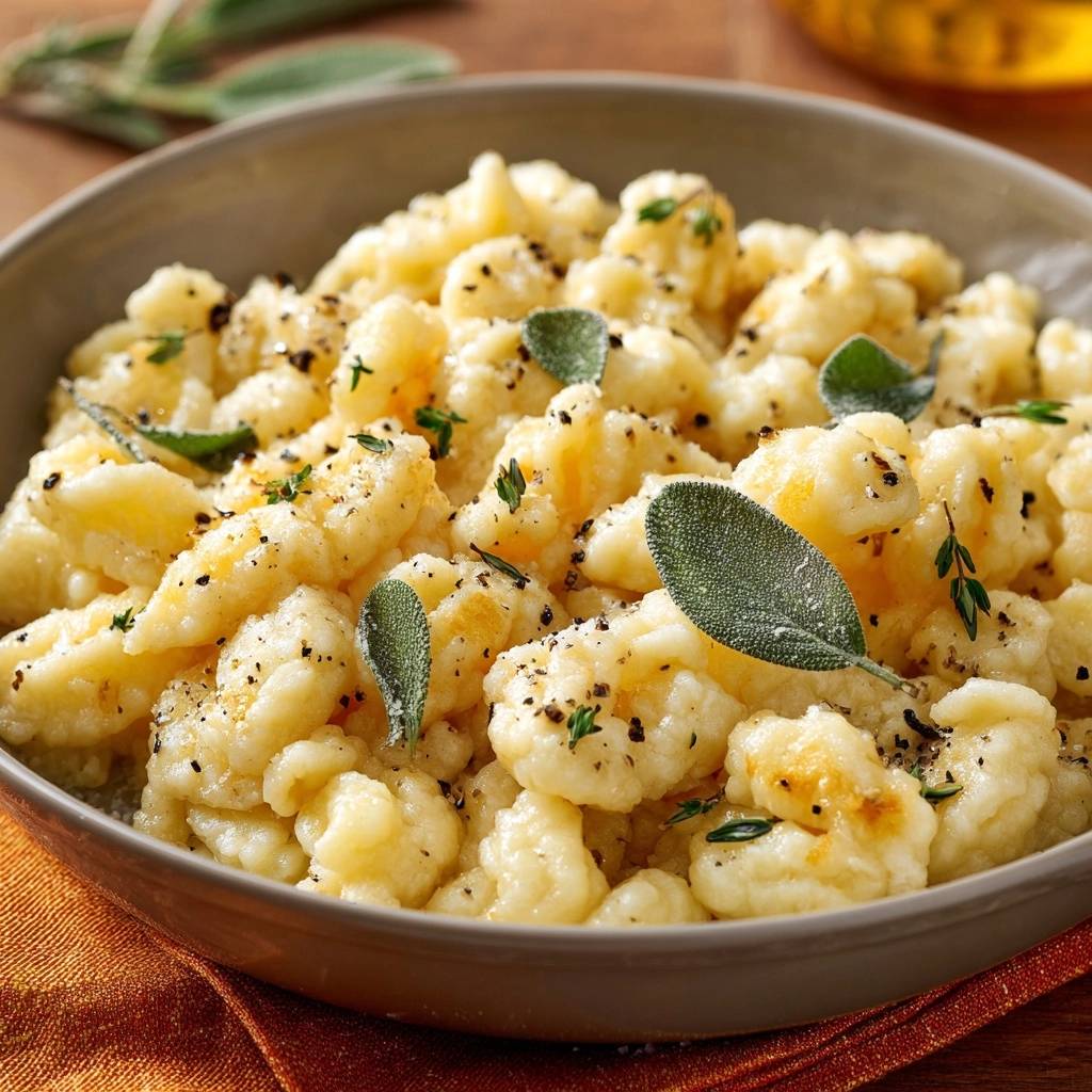 Salbei-Gnocchi in brauner Butter, eine Nahaufnahme der fluffigen Gnocchi garniert mit frischen Salbeiblättern und schwarzem Pfeffer.